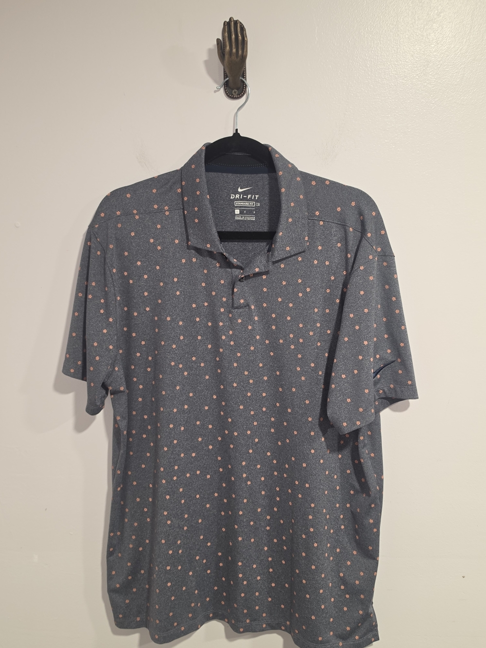 Nike Dri-Fit Men's Heather Gray Polo with Coral Floral Print Size Large
